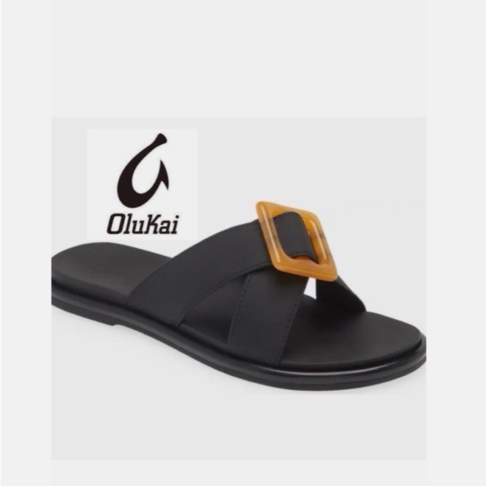 Olukai LA'I Slide Sandal black Sz 7 Woman’s Vegan Leather Buckle flip flop